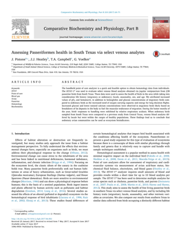 Assessing Passeriformes Health in South Texas Via Select Venous Analytes MARK ⁎ J