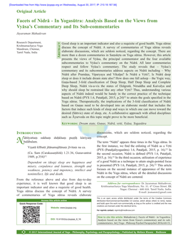 Facets of Nidrā - in Yogasūtra: Analysis Based on the Views from Vyāsa’S Commentary and Its Sub-Commentaries Jayaraman Mahadevan