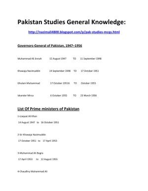 Pakistan Studies General Knowledge