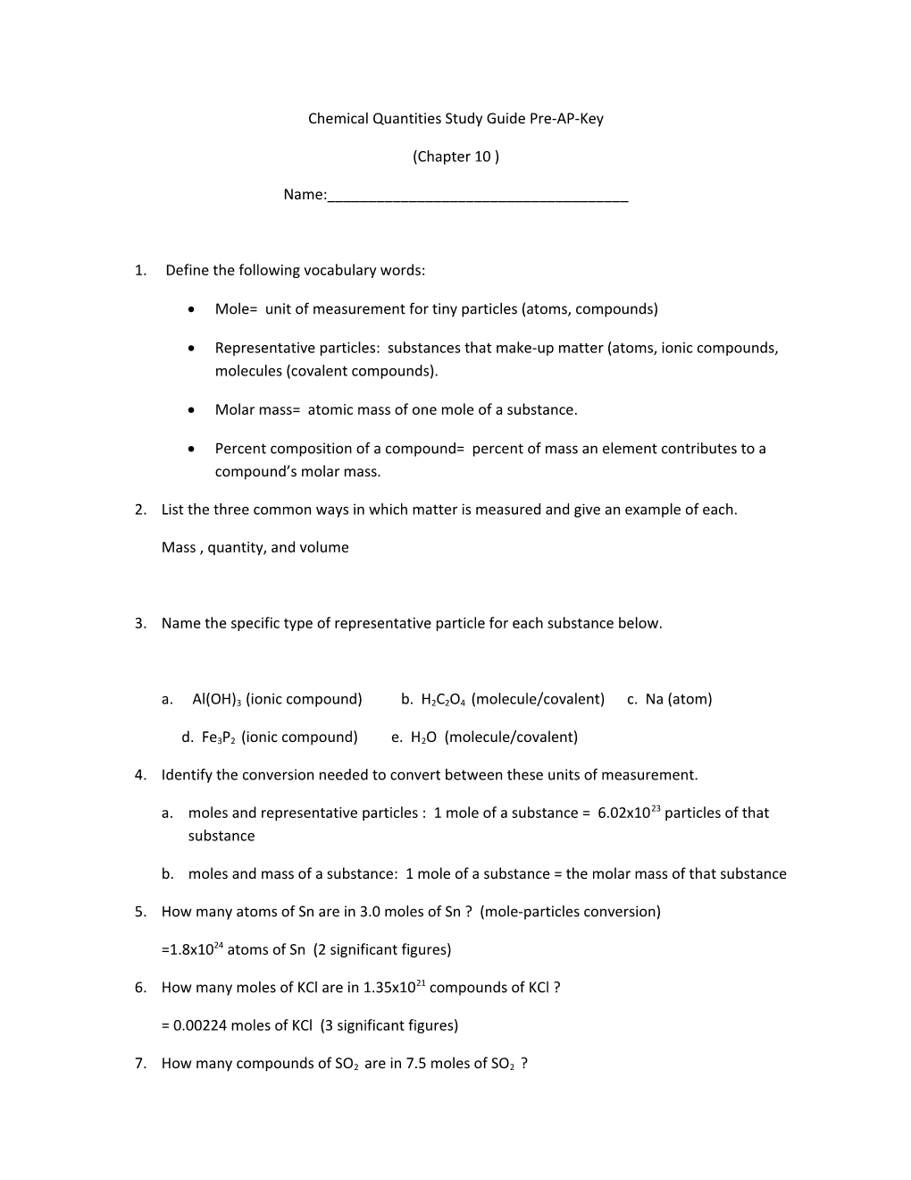 Chemical Quantities Study Guide Pre-AP-Key