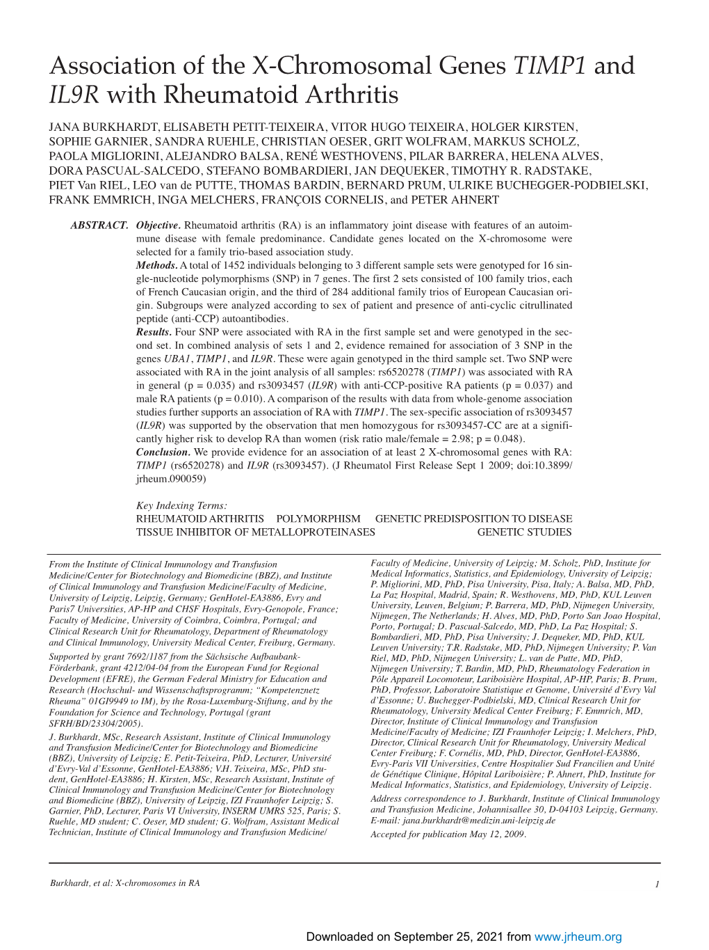 Association of the X-Chromosomal Genes TIMP1 and IL9R with Rheumatoid Arthritis