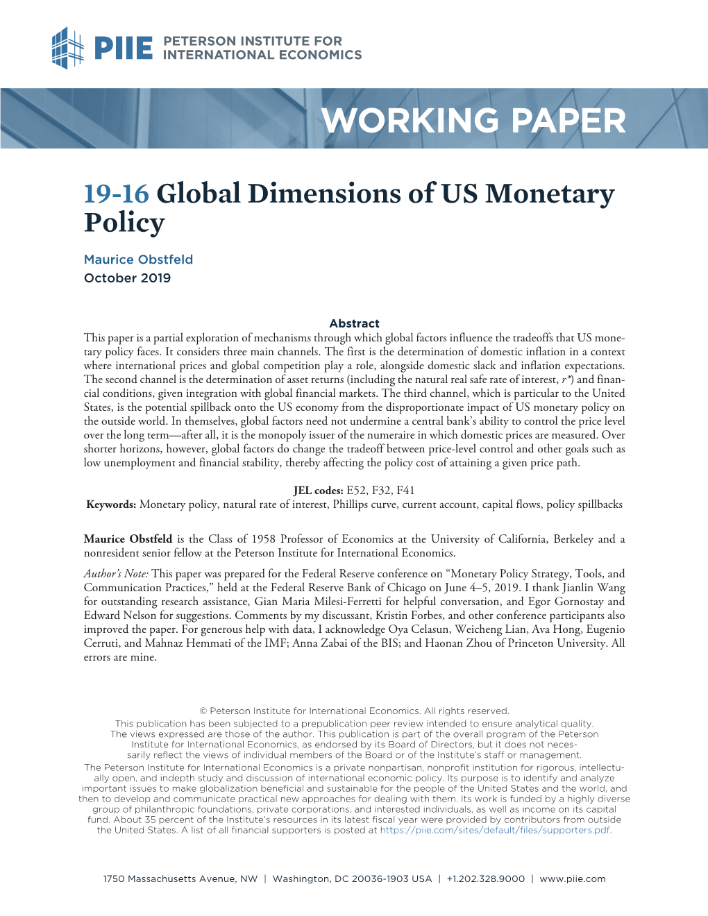 Working Paper 19-16: Global Dimensions of US Monetary Policy