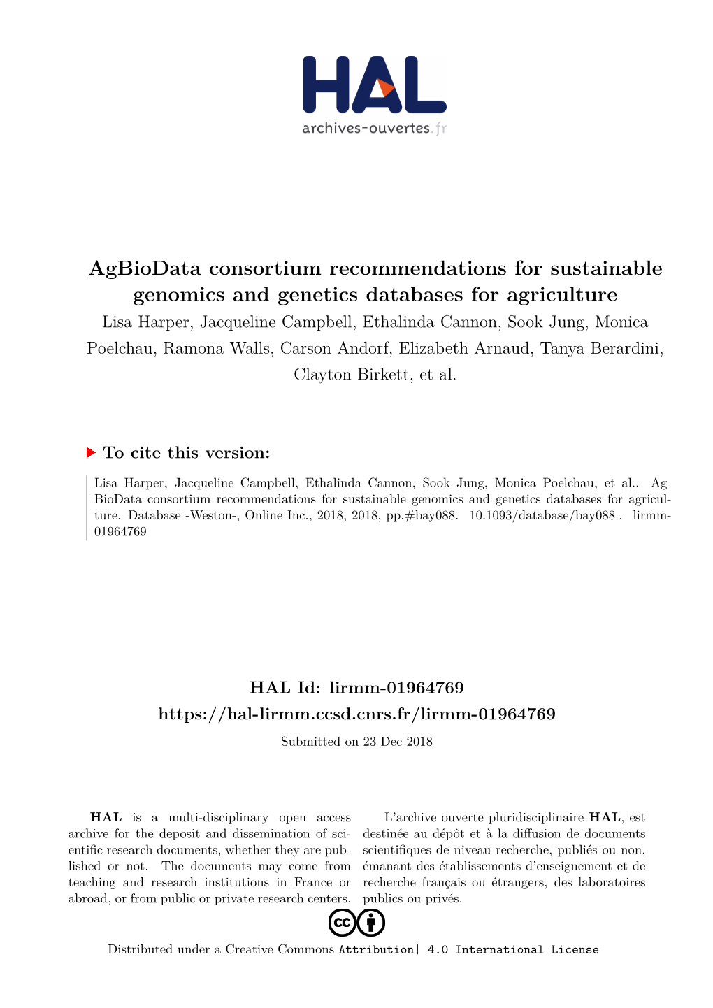 Agbiodata Consortium Recommendations for Sustainable