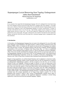 Kapampangan Lexical Borrowing from Tagalog: Endangerment Rather Than Enrichment Michael Raymon M