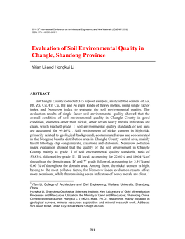 Evaluation of Soil Environmental Quality in Changle, Shandong