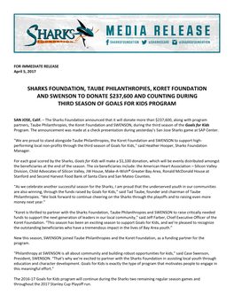 Sharks Foundation, Taube Philanthropies, Koret Foundation and Swenson to Donate $237,600 and Counting During Third Season of Goals for Kids Program