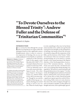 Andrew Fuller and the Defense of “Trinitarian Communities”1 Michael A