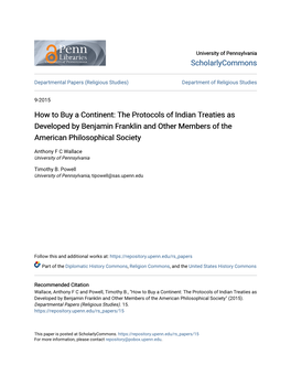 The Protocols of Indian Treaties As Developed by Benjamin Franklin and Other Members of the American Philosophical Society