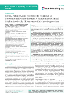 Genes, Religion, and Response to Religious Vs Conventional Psychotherapy: a Randomized Clinical Trial in Medically Ill Patients with Major Depression