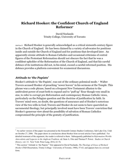 Richard Hooker: the Confident Church of England Reformer*