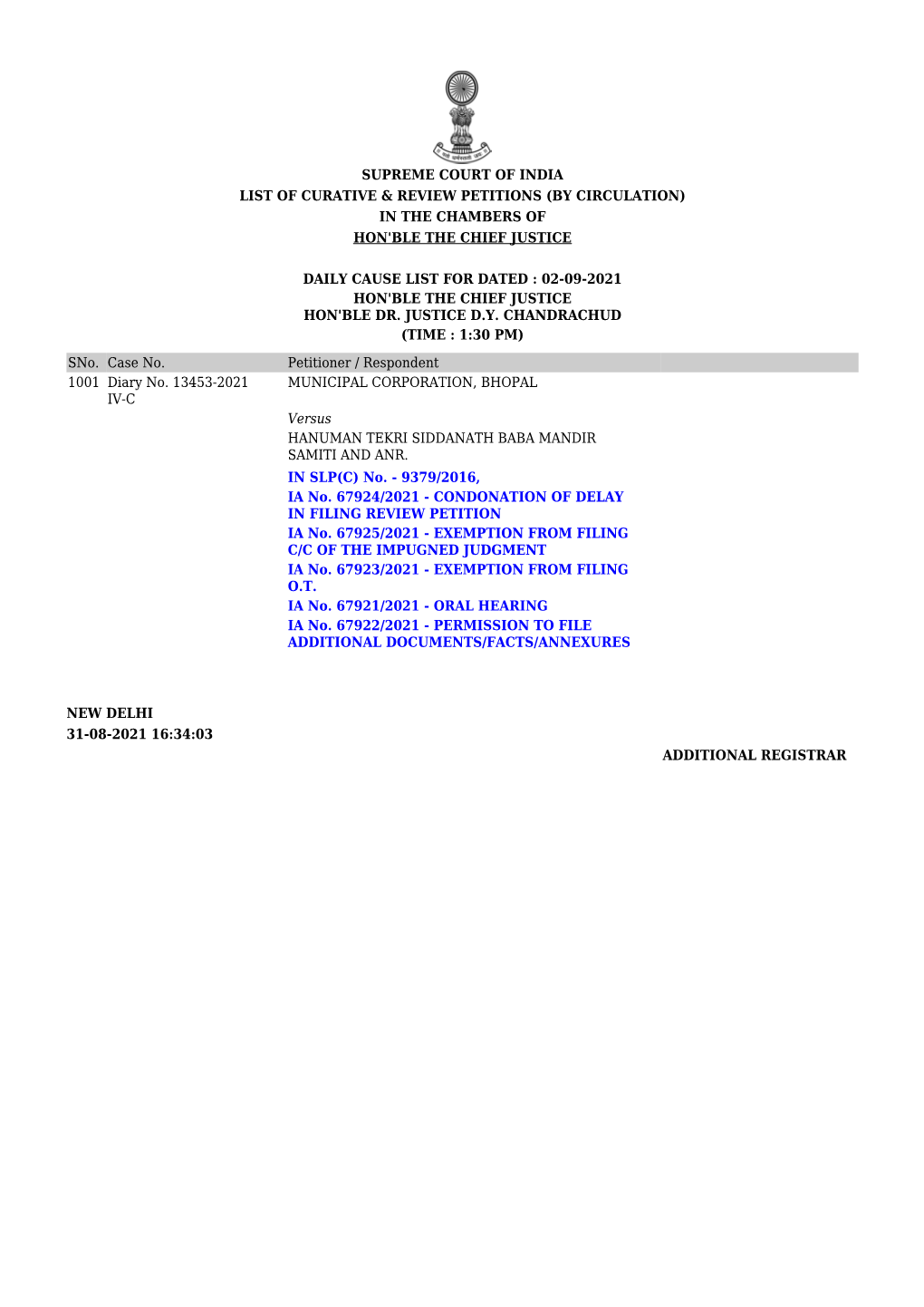 Supreme Court of India List of Curative & Review Petitions (By Circulation) in the Chambers of Hon'ble the Chief Justice