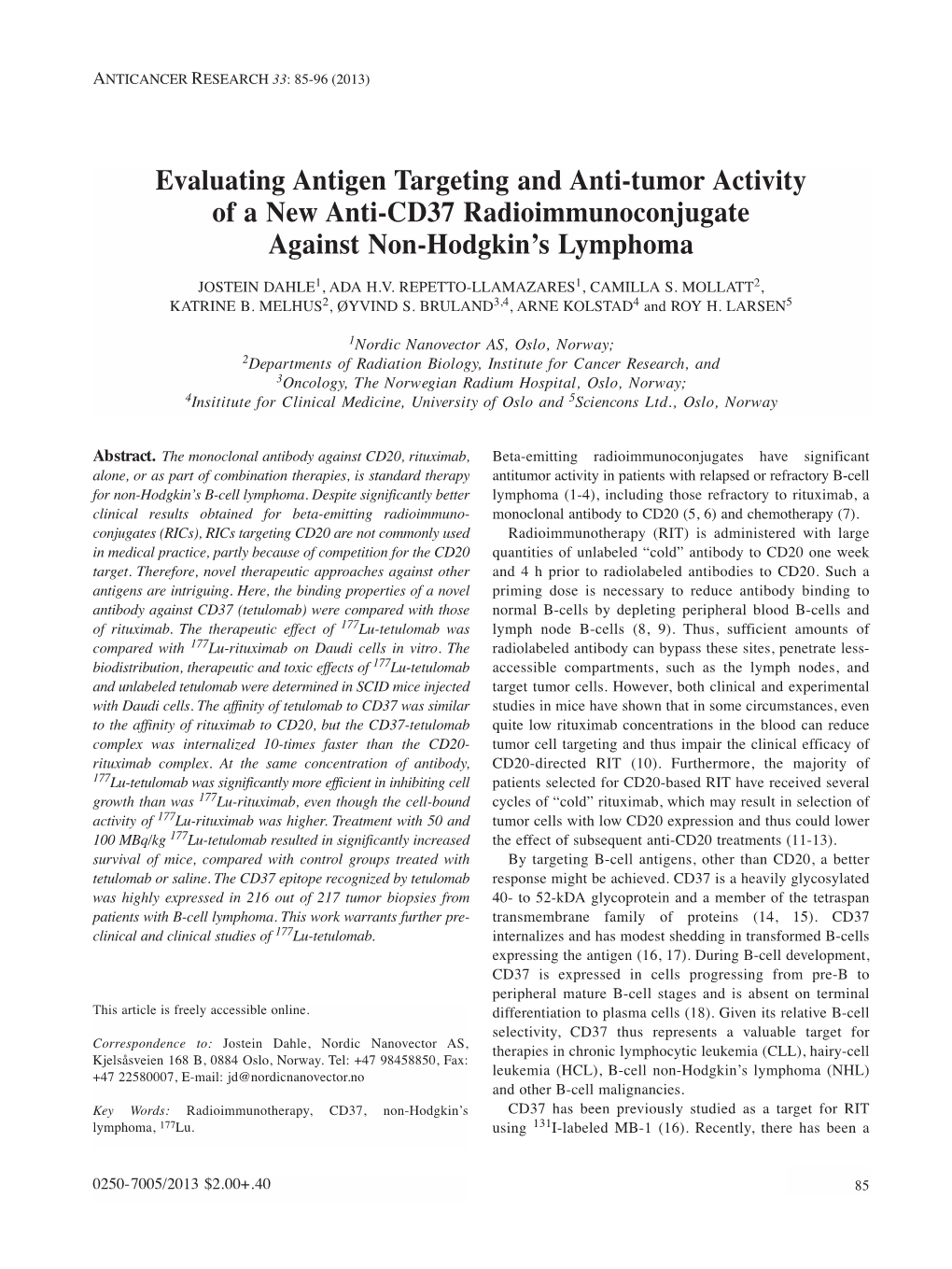 Evaluating Antigen Targeting and Anti-Tumor Activity of a New Anti-CD37 Radioimmunoconjugate Against Non-Hodgkin’S Lymphoma