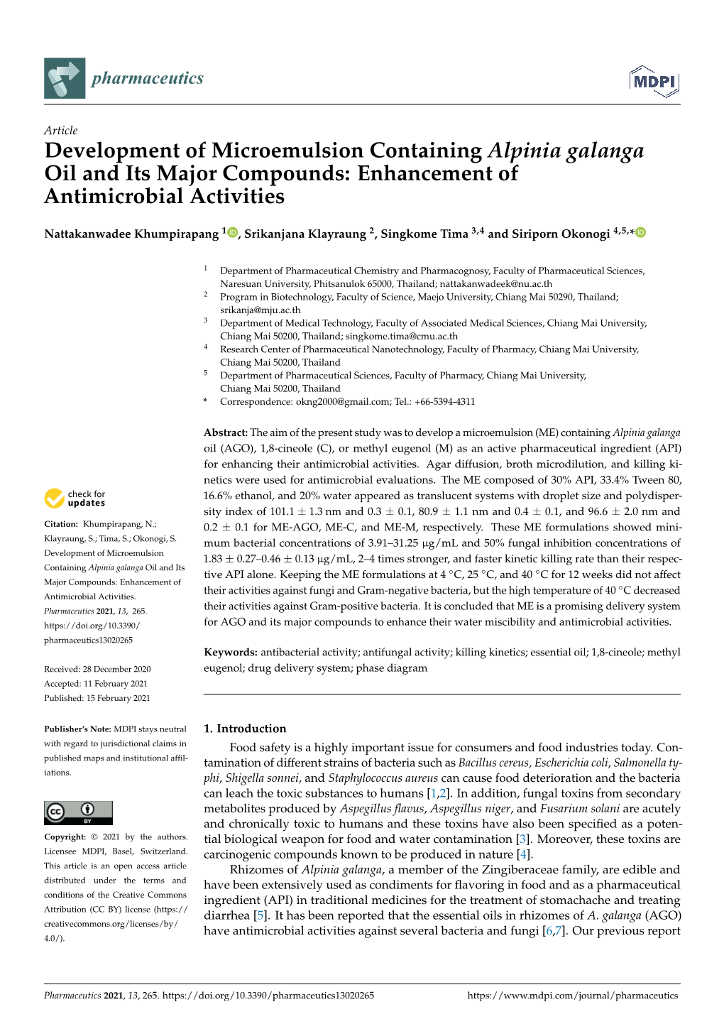 Development of Microemulsion Containing Alpinia Galanga Oil and Its Major Compounds: Enhancement of Antimicrobial Activities