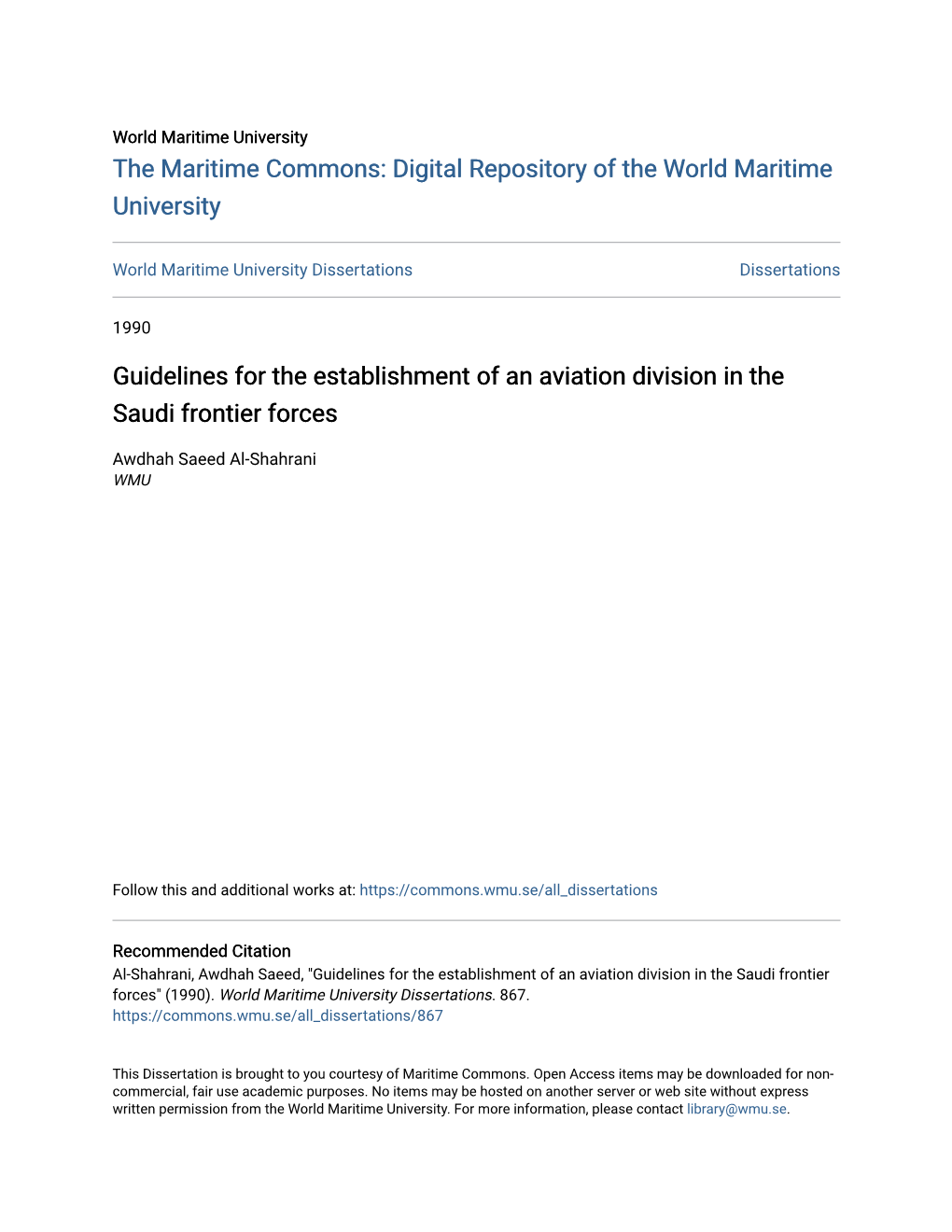 Guidelines for the Establishment of an Aviation Division in the Saudi Frontier Forces