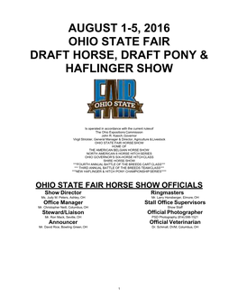 August 1-5, 2016 Ohio State Fair Draft Horse, Draft Pony & Haflinger Show