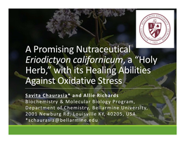 A Promising Nutraceutical Eriodictyon Californicum, a “Holy Herb,” with Its Healing Abilities Against Oxidative Stress
