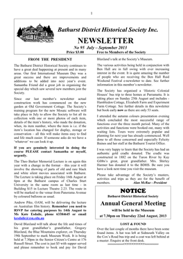 NEWSLETTER No 95 July – September 2013 Price $3.00 Free to Members of the Society