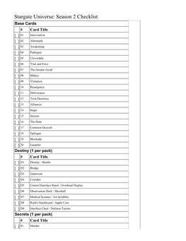 Stargate Universe: Season 2 Checklist