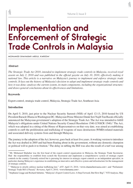 Implementation and Enforcement of Strategic Trade Controls in Malaysia