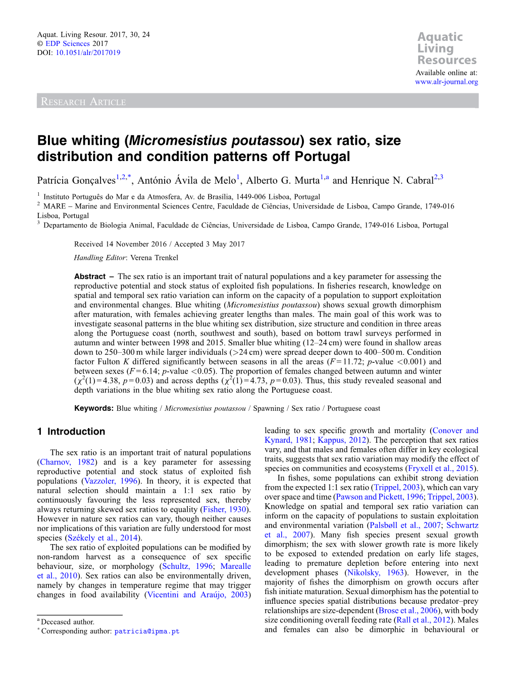 Micromesistius Poutassou) Sex Ratio, Size Distribution and Condition Patterns Off Portugal