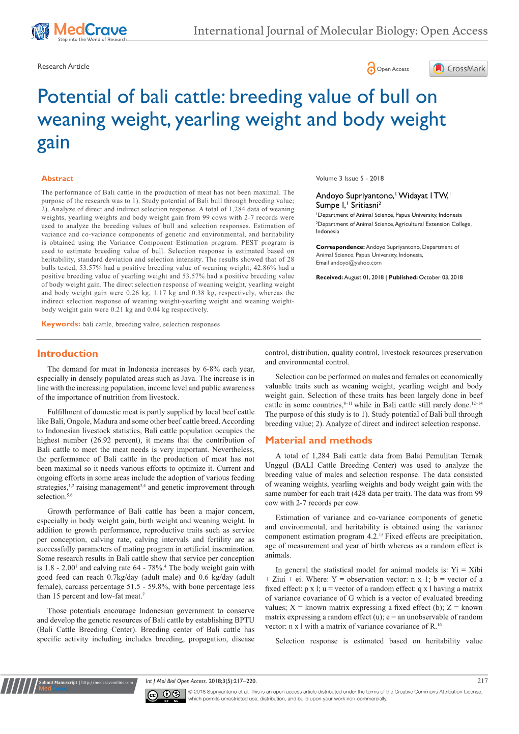 Potential of Bali Cattle: Breeding Value of Bull on Weaning Weight, Yearling Weight and Body Weight Gain