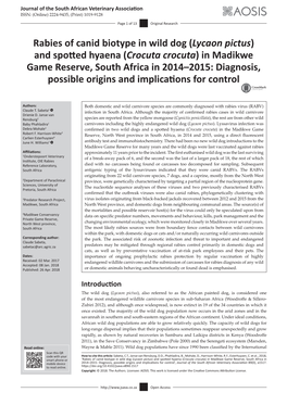 Rabies of Canid Biotype in Wild Dog (Lycaon Pictus) and Spotted Hyaena (Crocuta Crocuta) in Madikwe Game Reserve, South Africa