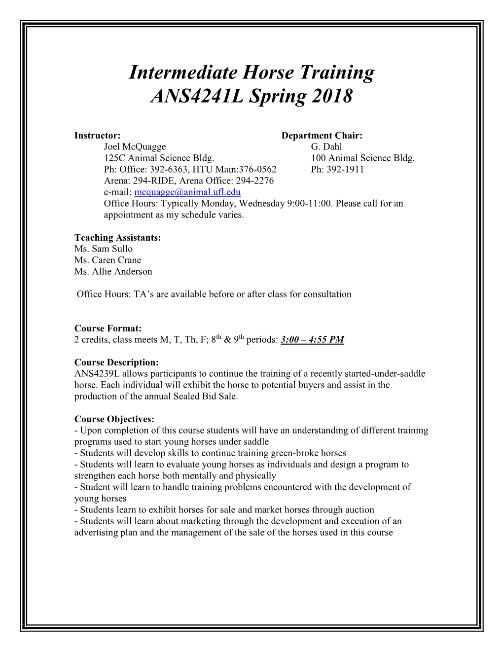Intermediate Horse Training ANS4241L Spring 2018