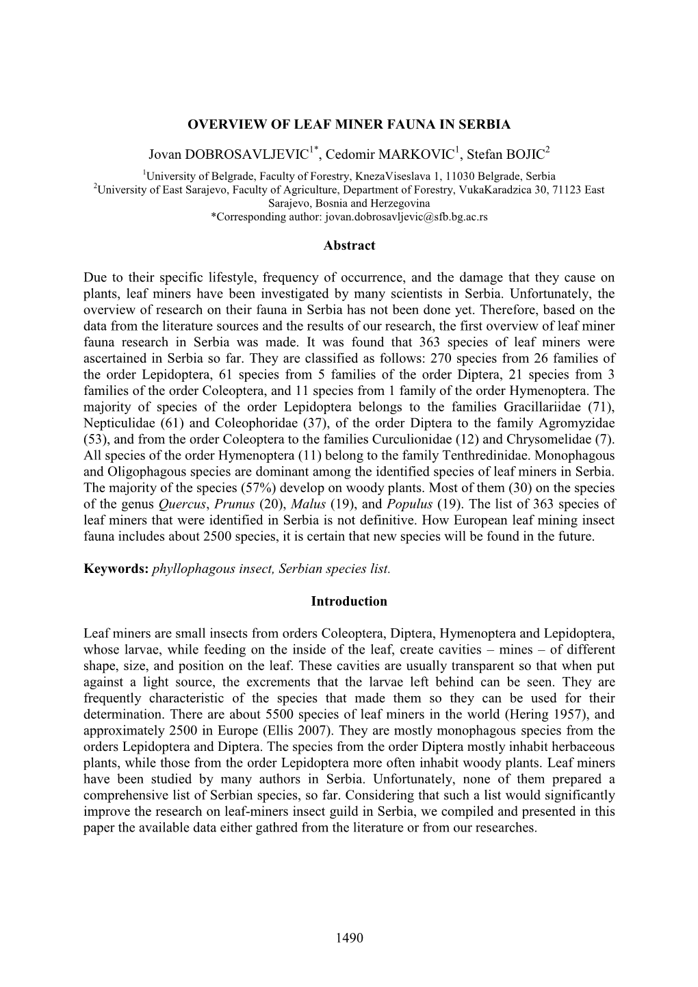 1490 OVERVIEW of LEAF MINER FAUNA in SERBIA Jovan