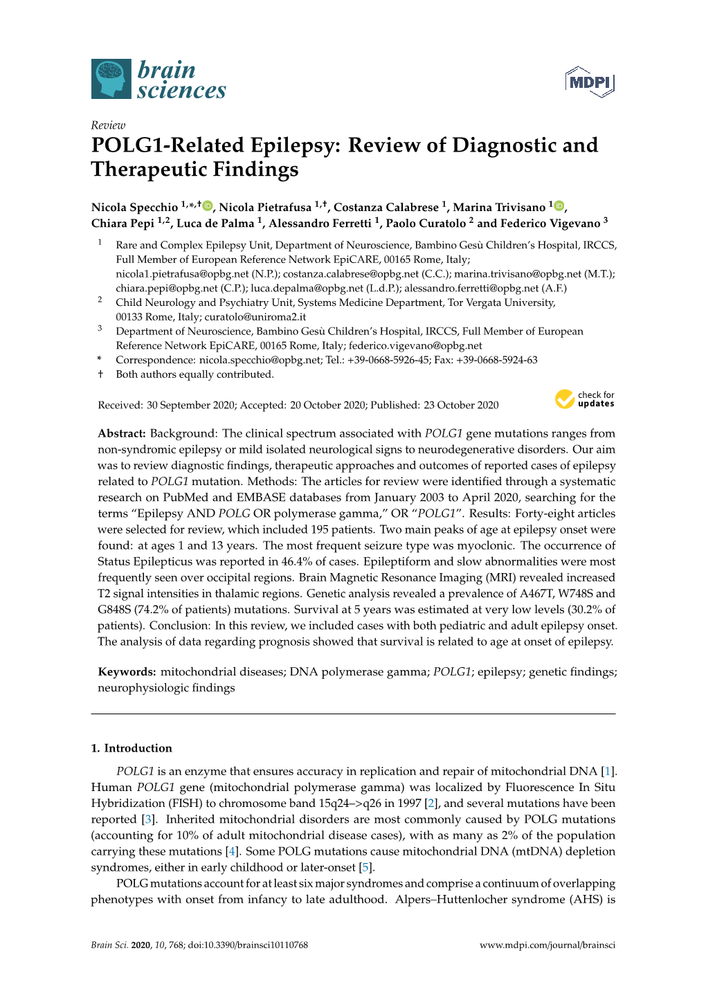 POLG1-Related Epilepsy: Review of Diagnostic and Therapeutic Findings