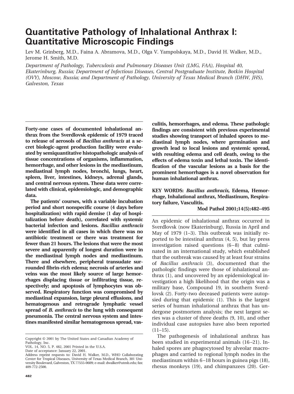 Quantitative Pathology of Inhalational Anthrax I: Quantitative Microscopic Findings Lev M