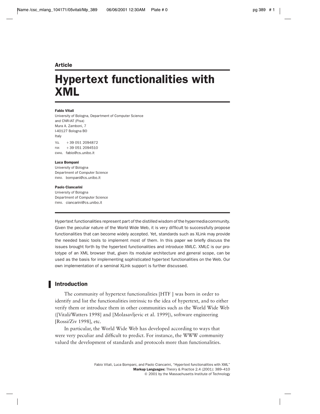 Hypertext Functionalities with XML