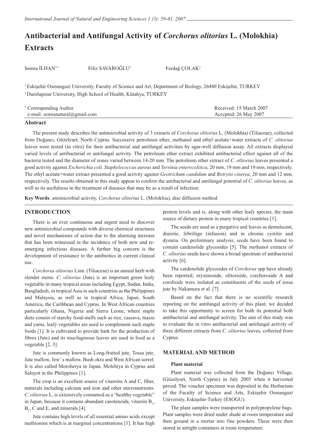 Antibacterial and Antifungal Activity of Corchorus Olitorius L. (Molokhia) Extracts