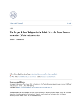 The Proper Role of Religion in the Public Schools: Equal Access Instead of Official Indoctrination