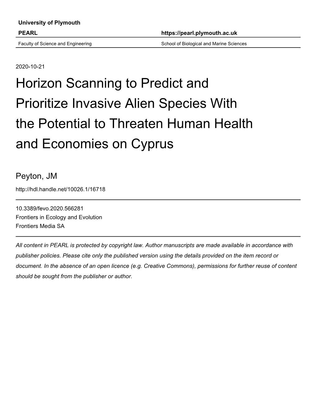 Horizon Scanning to Predict and Prioritise Invasive Alien Species with the Potential to Threaten