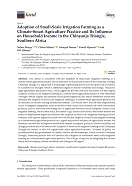 Adoption of Small-Scale Irrigation Farming As a Climate-Smart Agriculture Practice and Its Inﬂuence on Household Income in the Chinyanja Triangle, Southern Africa