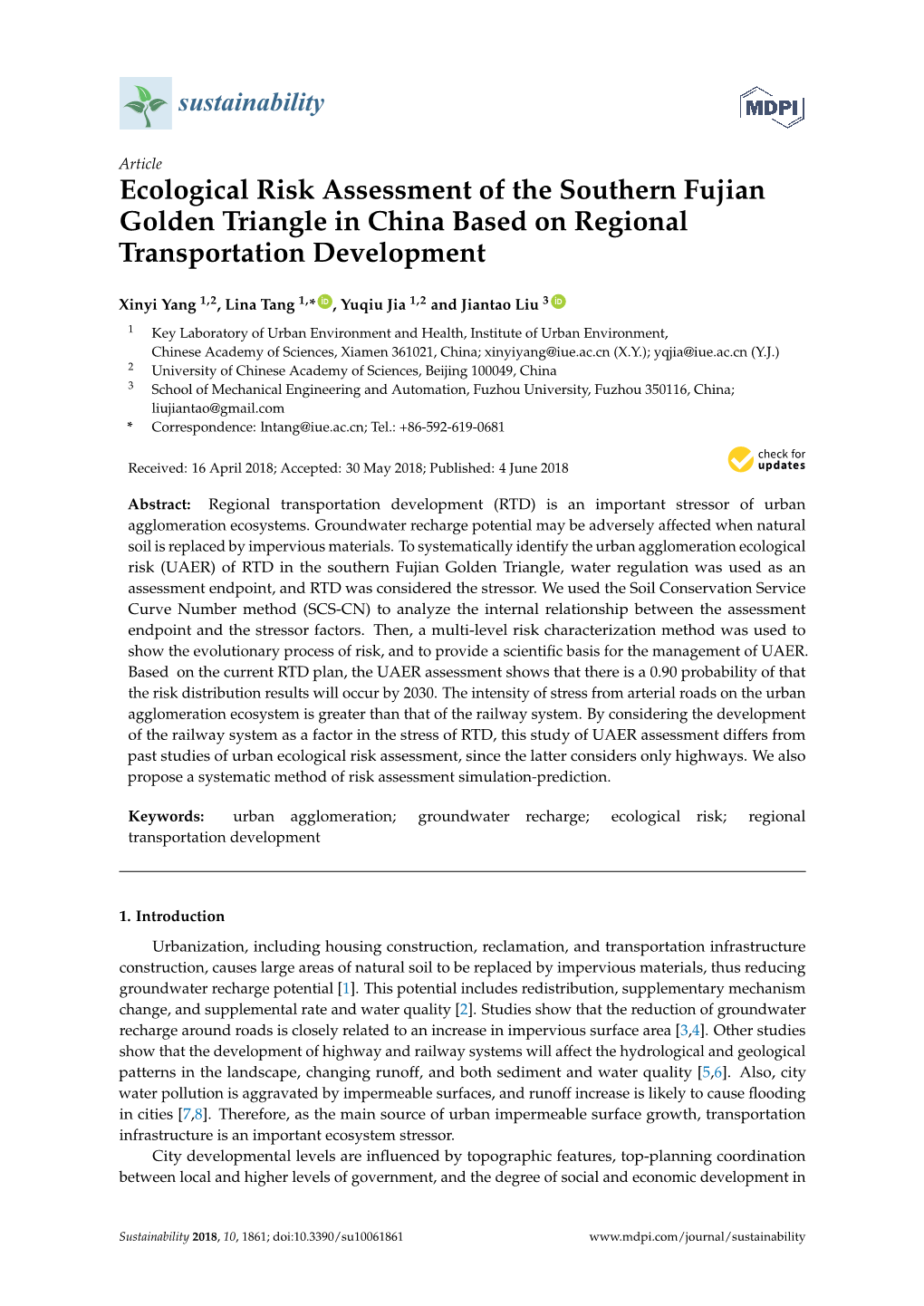 Ecological Risk Assessment of the Southern Fujian Golden Triangle in China Based on Regional Transportation Development