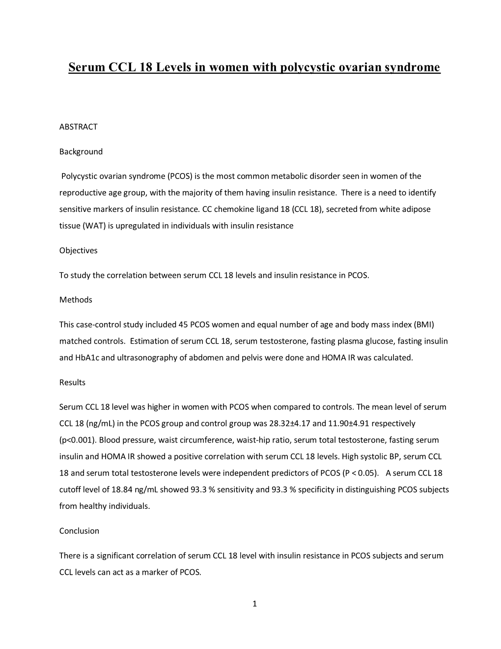 Serum CCL 18 Levels in Women with Polycystic Ovarian Syndrome