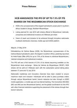 Press Release HCB ANNOUNCES the IPO of up to 7.5% of ITS SHARES on the MOZAMBICAN STOCK EXCHANGE