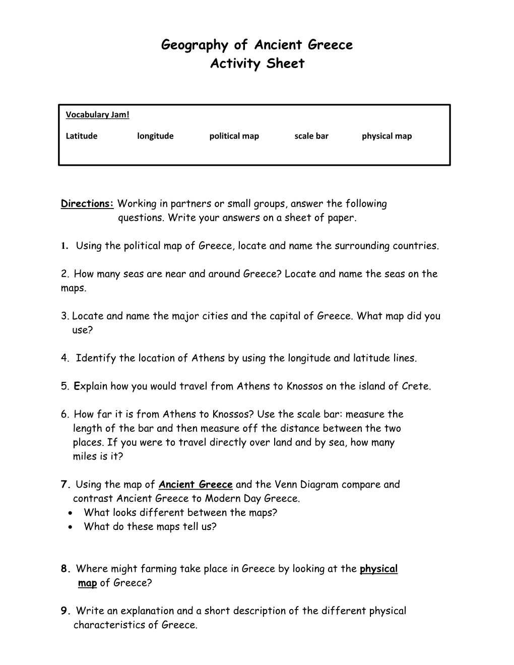 Geography of Ancient Greece Activity Sheet