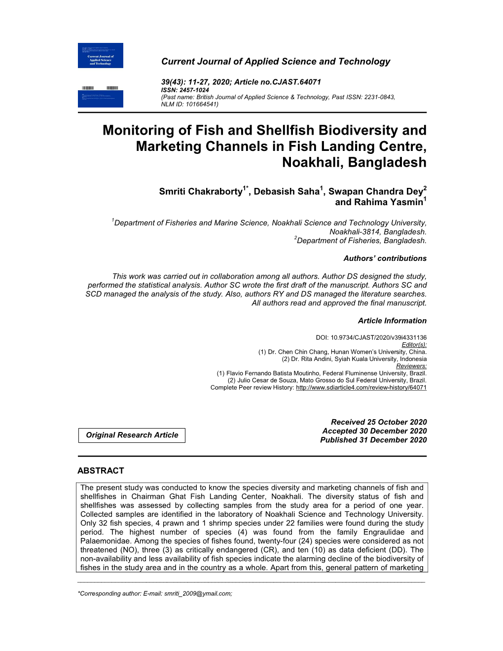 Monitoring of Fish and Shellfish Biodiversity and Marketing Channels in Fish Landing Centre, Noakhali, Bangladesh