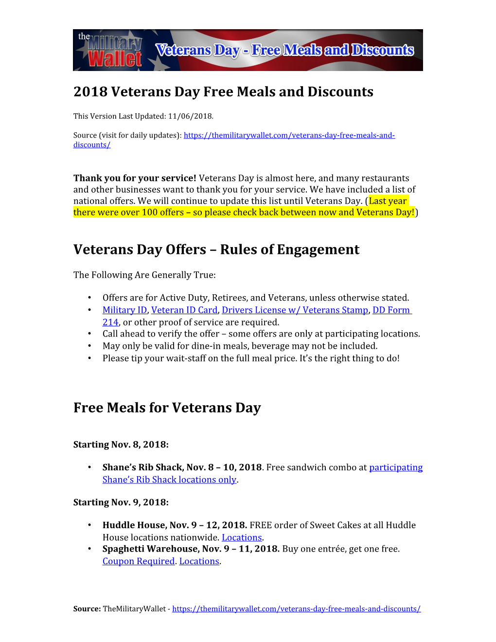 Rules of Engagement Free Meals for Veterans