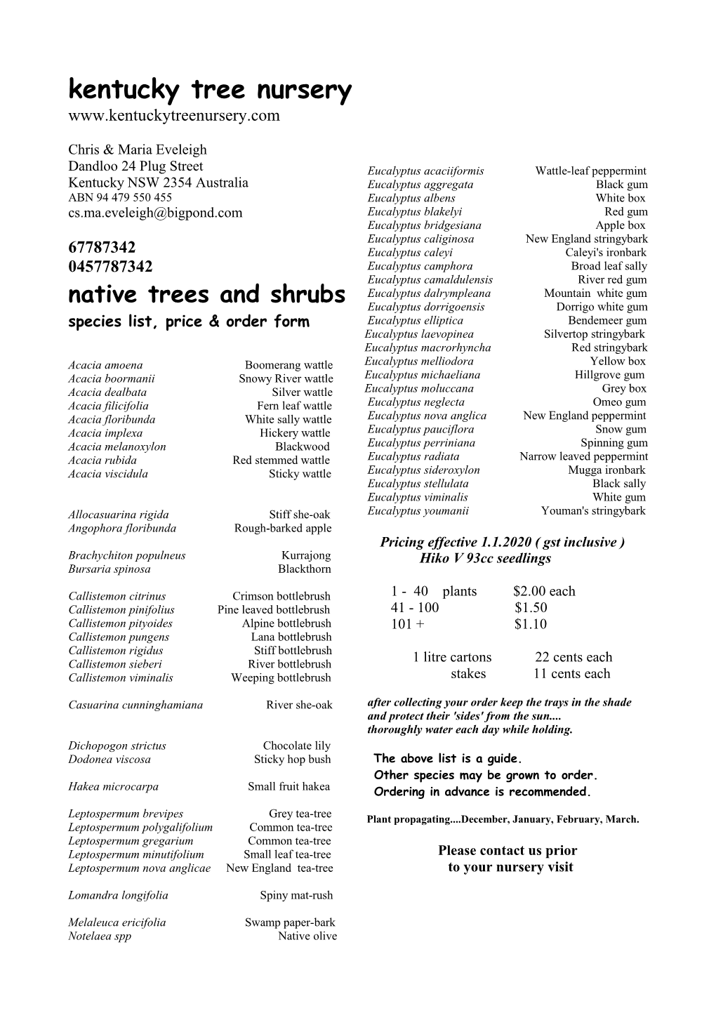 Species List and Price