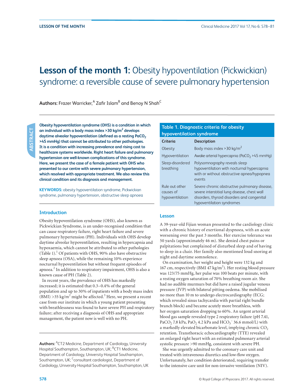 Lesson of the Month 1: Obesity Hypoventilation (Pickwickian) Syndrome: a Reversible Cause of Severe Pulmonary Hypertension