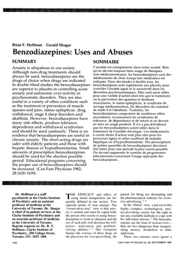 Benzodiazepines: Uses and Abuses SUMMARY SOMMAIRE Anxiety Is Ubiquitous in Our Society