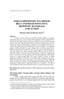 Indian Opposition to Chinese Belt and Road Initiative: Response, Rationale and Action