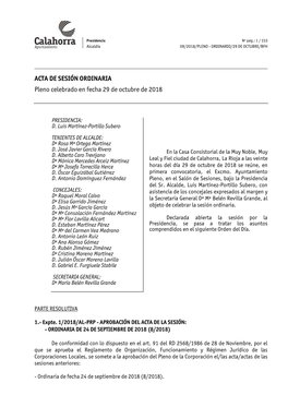 ACTA DE SESIÓN ORDINARIA Pleno Celebrado En Fecha 29 De Octubre De 2018