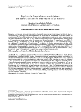 Espécies De Anophelesno Município De Pinheiro (Maranhão), Área Endêmica De Malária