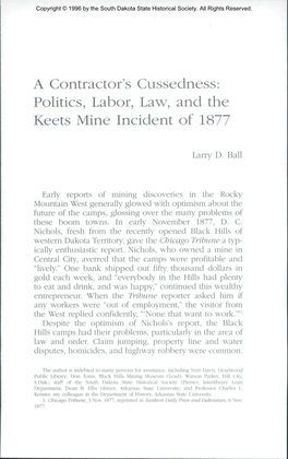 A Contractor's Cussedness: Politics, Labor, Law, and the Keets Mine Incident of 1877