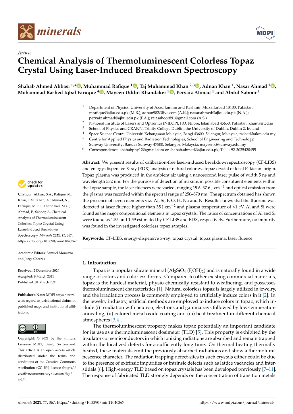 Chemical Analysis of Thermoluminescent Colorless Topaz Crystal Using Laser-Induced Breakdown Spectroscopy