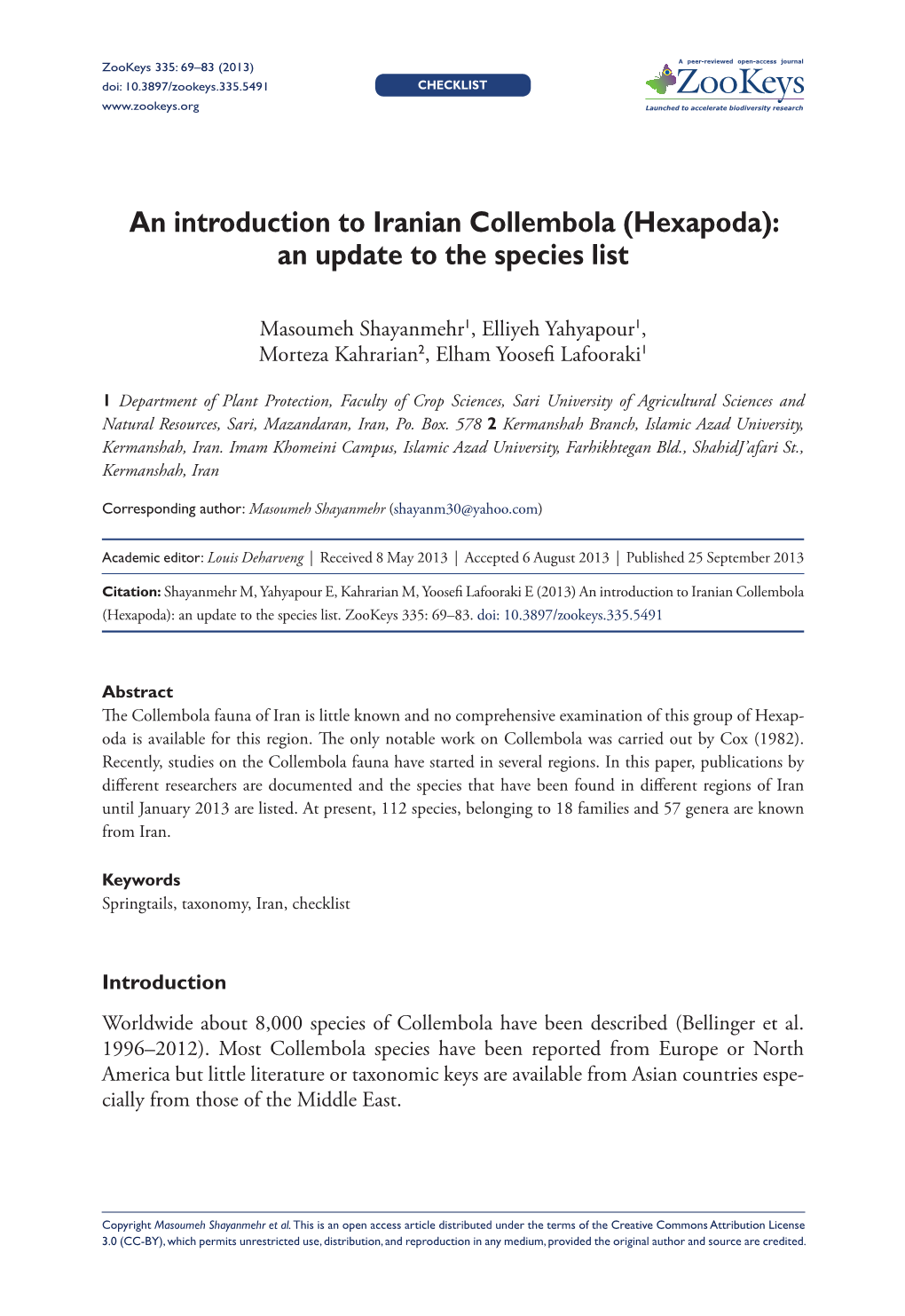 An Introduction to Iranian Collembola (Hexapoda): an Update to the Species List